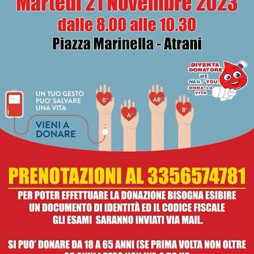 Atrani, martedì 21 novembre giornata del dono del sangue con Avis