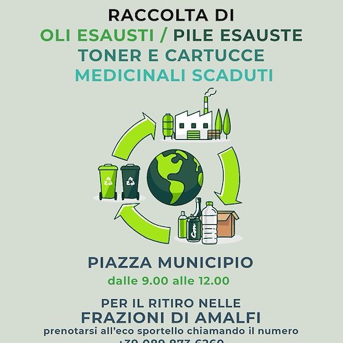 Giornata Ecologica ad Amalfi: 7 novembre raccolta di oli e pile esauste, toner, cartucce e medicinali scaduti