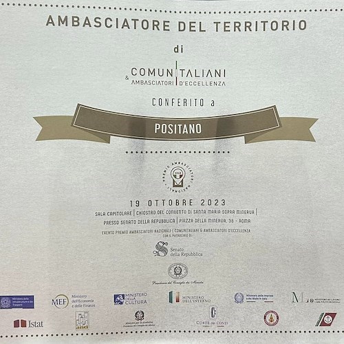 Il sindaco di Positano, Giuseppe Guida, ha ricevuto ieri, 19 ottobre, presso il Senato della Repubblica Italiana, il “Premio Ambasciatori Nazionali”<br />&copy; Giuseppe Guida