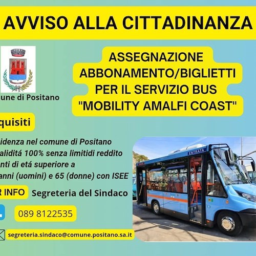 Positano, anche quest'anno abbonamenti e biglietti gratuiti o agevolati per il bus urbano “Mobility Amalfi Coast”