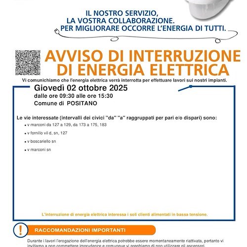 Positano, interruzione di energia elettrica giovedì 2 ottobre: le strade interessate