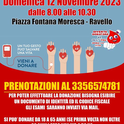 Ravello, 12 novembre giornata per donare il sangue con l'Avis