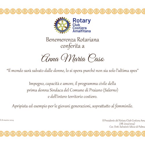 Rotary Club Costiera Amalfitana, "Il tempo delle donne": giornata di salute e cultura. Benemerenza rotariana alla sindaca Anna Maria Caso