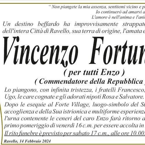 Sabato 17 febbraio i funerali di Enzo Fortunato a Ravello