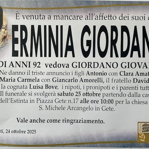 È venuta a mancare Erminia Giordano, mamma dell'ex Sindaco di Tramonti